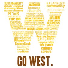 Graphic of T-shirt design featuring a yellow W made up of words and the phrase Go West.