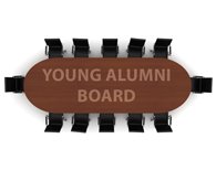 Photo looking down at a conference table and chairs labeled "Young Alumni Board"
