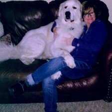 Paula Eckert sitting on a couch with her 120 pound "lap" dog.