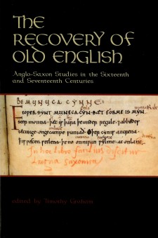 The Recovery of Old English: an Anglo-Saxon manuscript on a black background, with the title above