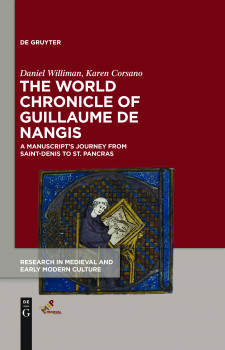 Cover image of The Latin World Chronicle of Guillaume de Nangis: A Manuscript's Journey from Saint-Denis to St. Pancras: a manuscript image of a monk writing at a desk within a "C" initial, on a magenta background