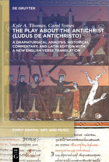 Cover image of the Play About the Antichrist: a medieval image of several soldiers in a line, a man with an upraised sword holding another person by the head, and a decapitated body cartwheeling away