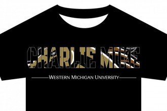 Drawing of the front of a T-shirt with the words Charlie Mike written in camouflage letters, which is code for Continue the Mission. Western Michigan University  appears below.