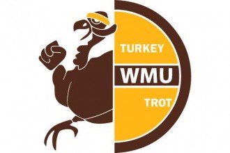 Brown and gold WMU Turkey Trot logo showing a turkey wearing a gold headband.
