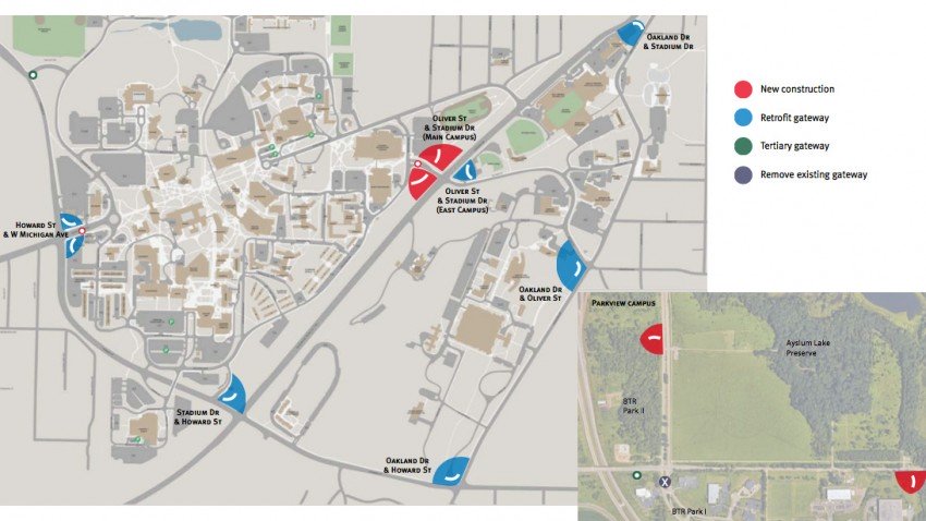 Graphic depicting proposed gateway locations for the WMU campus.