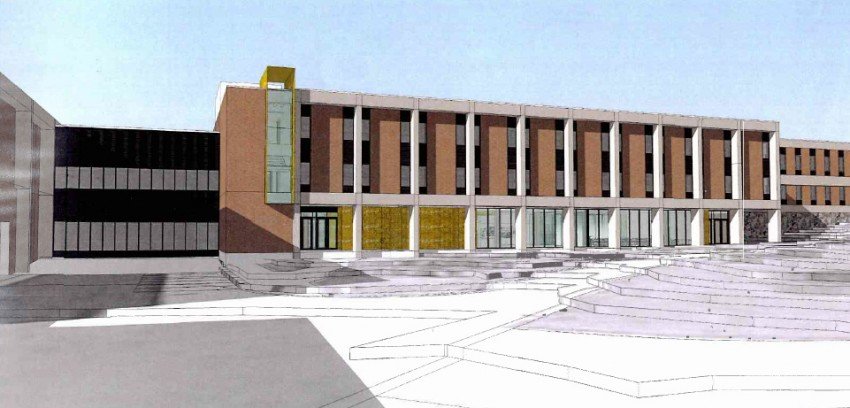 Drawing of the exterior of Central Kohrman Hall showing additional windows and areas of new hardscape.