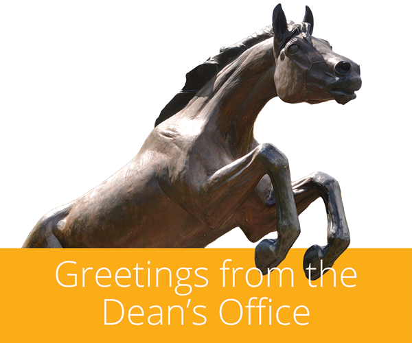 Greetings from the Dean's office with the Bronco statue