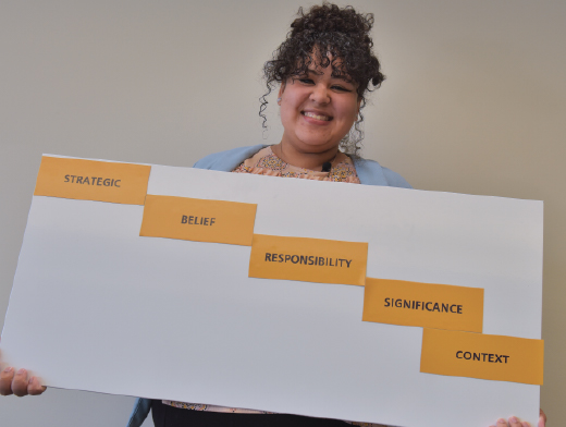 Pictured is an transfer student holding their five characteristic words