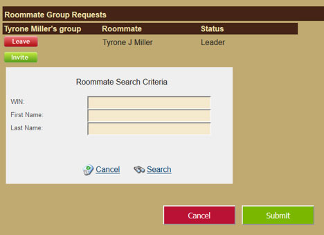 Roommate search criteria dialog box with WIN entered and indicating search and submit buttons.