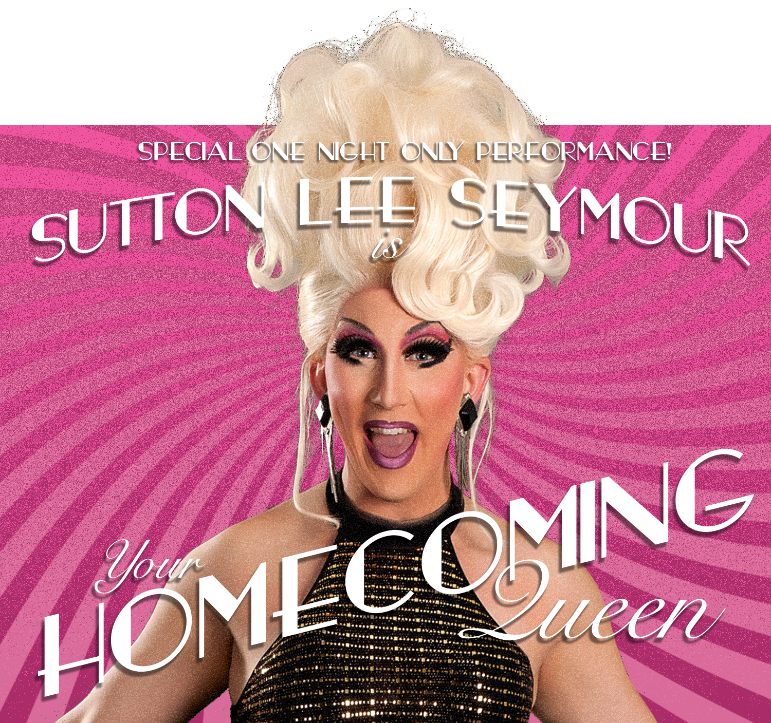 Drag Queen Sutton Lee Seymour in front of a pink background