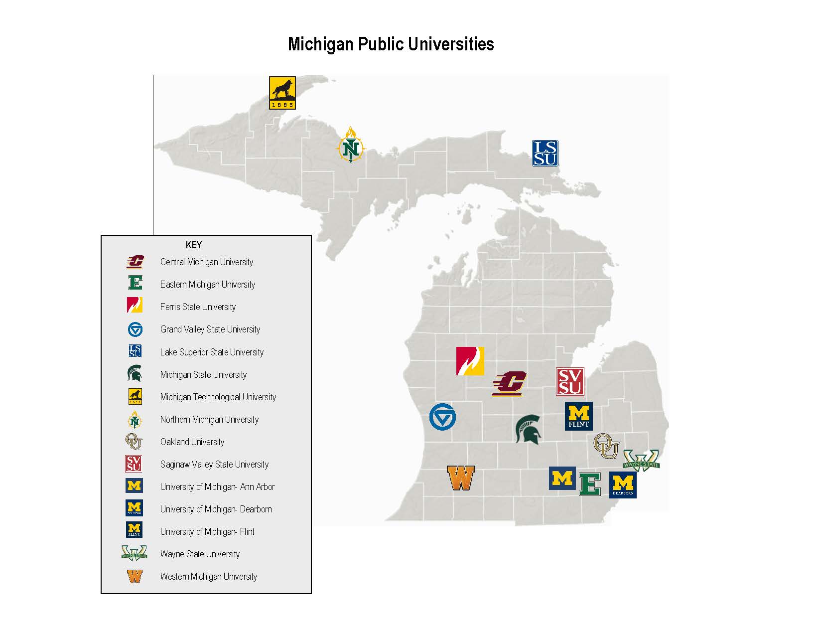 Map of the state of Michigan showing the main campus locations of Michigan's public universities