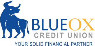 The BlueOx Credit Union logo features a blue bull and blue, yellow and grey lettering.