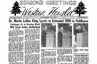 Scan of the front page of a Western Herald issue from December 1963 reporting on Martin Luther King Jr.'s visit to campus.
