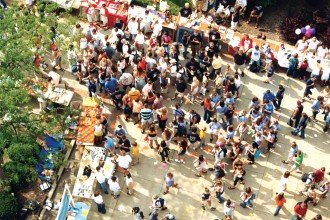 Arial photo of participants attending Bronco Bash outside.