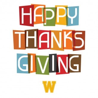 Photo of an graphic with the words Happy Thnanksgiving and a gold W.