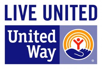 United Way logo, an image of a hand holding a stick figure person under a gold rainbow.